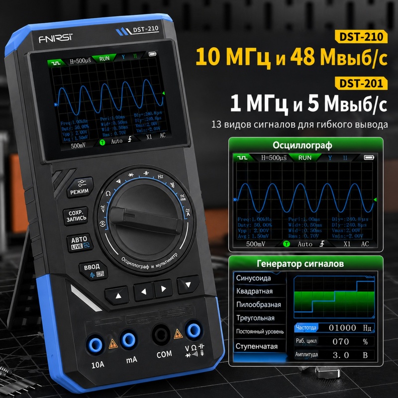 картинка Осциллограф мультиметр FNIRSI DST-210, 10 МГц, 3000 мАч, генератор от магазина "мир Электроники"