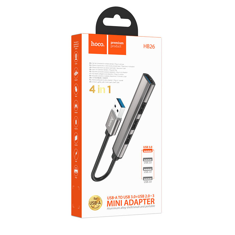 картинка USB HUB HOCO HB26, 4 в 1, USB 3.0, 3USB 2.0, 13 см от магазина "мир Электроники"
