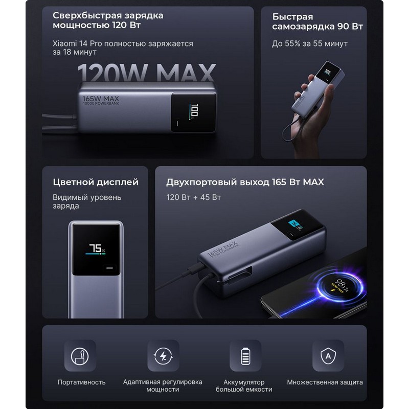 картинка Power Bank Xiaomi Built-in 10000 мАч (PB1165MI), 165 Вт			 от магазина "мир Электроники"