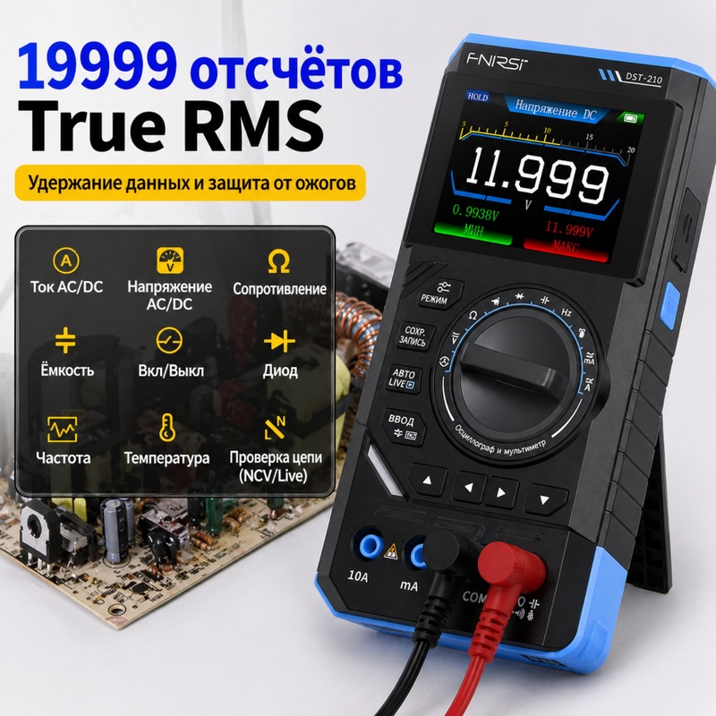 картинка Осциллограф мультиметр FNIRSI DST-210, 10 МГц, 3000 мАч, генератор от магазина "мир Электроники"