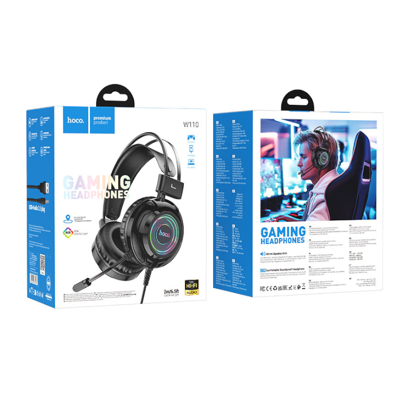 картинка Наушники проводные HOCO W110 игровые, RGB подсветка от магазина "мир Электроники"