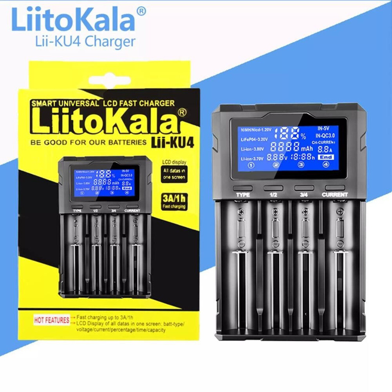 картинка Зарядное устройство LiitoKala Lii-KU4, 4 слота, Li-Ion/IMR/LiFePO4/NiMH/NiCd до 3А от магазина "мир Электроники"