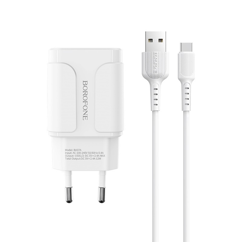 картинка Зарядное устройство BOROFONE BA37A, 2USB, PD 20 Вт, 2.4 А, шнур микро от магазина "мир Электроники"