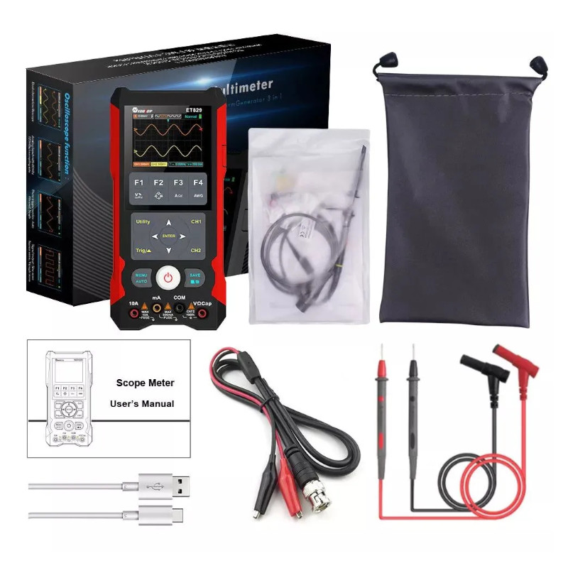 картинка Осциллограф-мультиметр TOOLTOP ET829, 80МГц, 2 канала, генератор, 2000 мАч от магазина "мир Электроники"