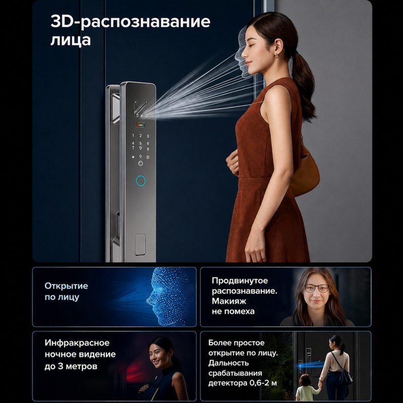 картинка Замок дверной Tuya K49-3DFace, WIFI ВТ, Face ID, серый от магазина "мир Электроники"