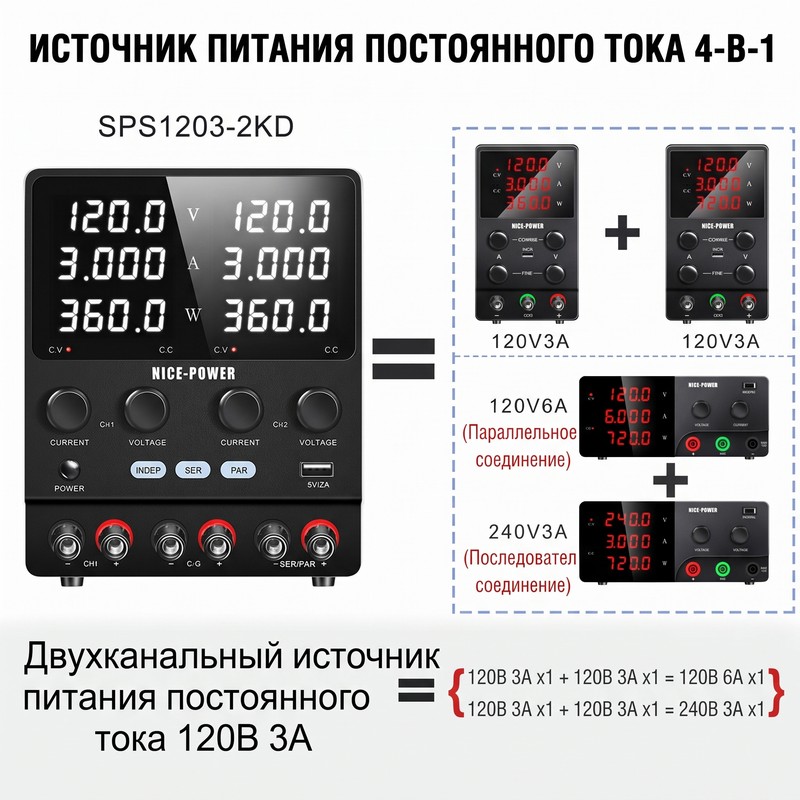 картинка Блок питания двухканальный NICE SPS1203-2KD, 0-120В/3А от магазина "мир Электроники"