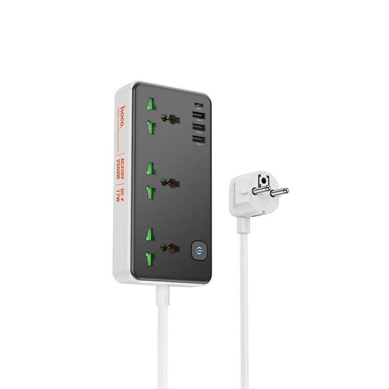 картинка Удлинитель 220В HOCO AC7A, 3 USB, Type-C, 17Вт, 3.4 А, 3 розетки 2500W, 1.5 м от магазина "мир Электроники"