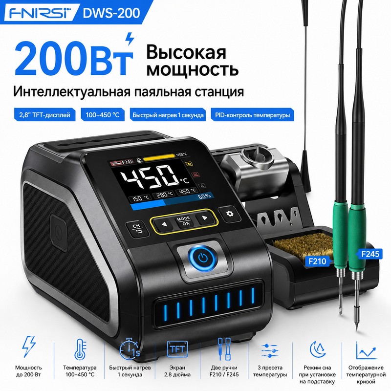 картинка Паяльная станция Fnirsi DWS-200 Max, 200W, 6 жал F245x6, F210x3, нагрев 3 с от магазина "мир Электроники"