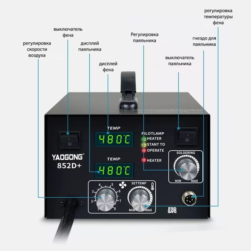 картинка Паяльная станция YAOGONG 852D+, компрессор, минимальная от магазина "мир Электроники"