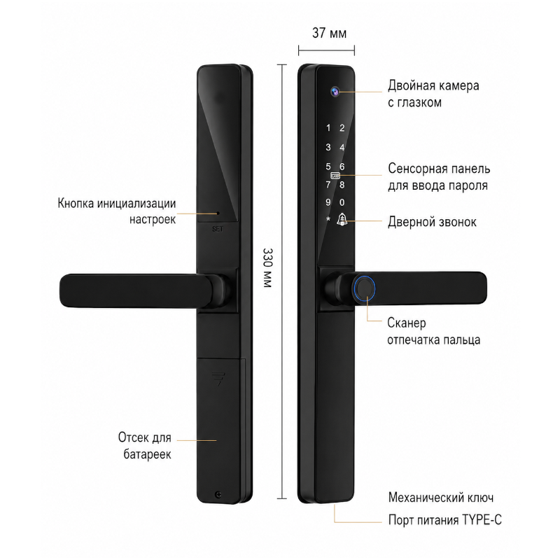 картинка Замок дверной Tuya S022, WIFI, видеоглазок, IP68, 4585, серебро от магазина "мир Электроники"