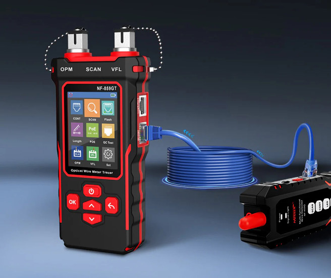 картинка Сетевой тестер NOYAFA NF-859GT, PoE, NCV, RJ45 LAN, VFL, STP/NTP, оптоволокно от магазина "мир Электроники"