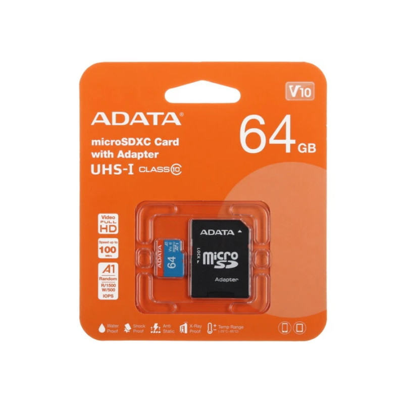 картинка SD карта ADATA 64GB микро, UHS-I, Class10 с адаптером от магазина "мир Электроники"