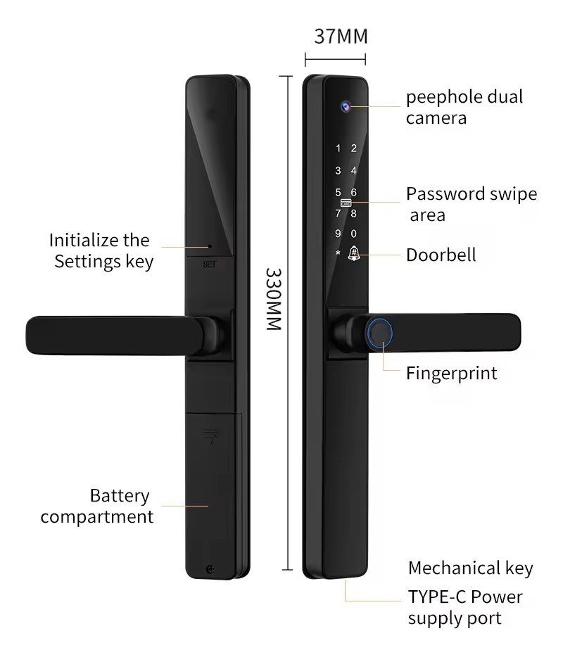 картинка Замок дверной Tuya S022, WIFI, видеоглазок, IP68, 4585, черный от магазина "мир Электроники"