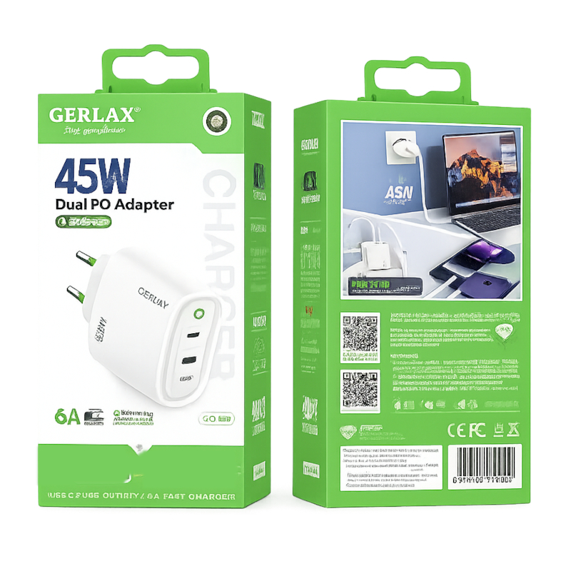 картинка Зарядное устройство GERLAX GA-40, 2USB-C, 40W 6А, голова от магазина "мир Электроники"