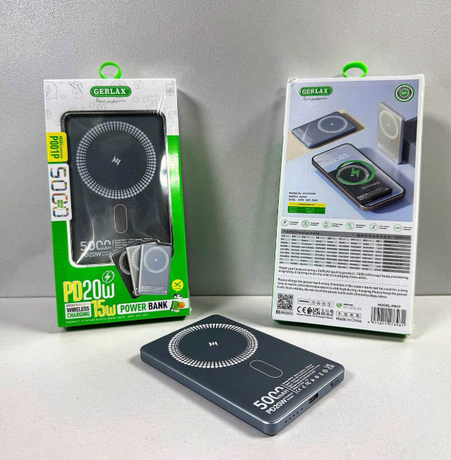 картинка POWER BANK GERLAX P001P 5000 мАч, PD 20 Вт, беспроводная зарядка от магазина "мир Электроники"