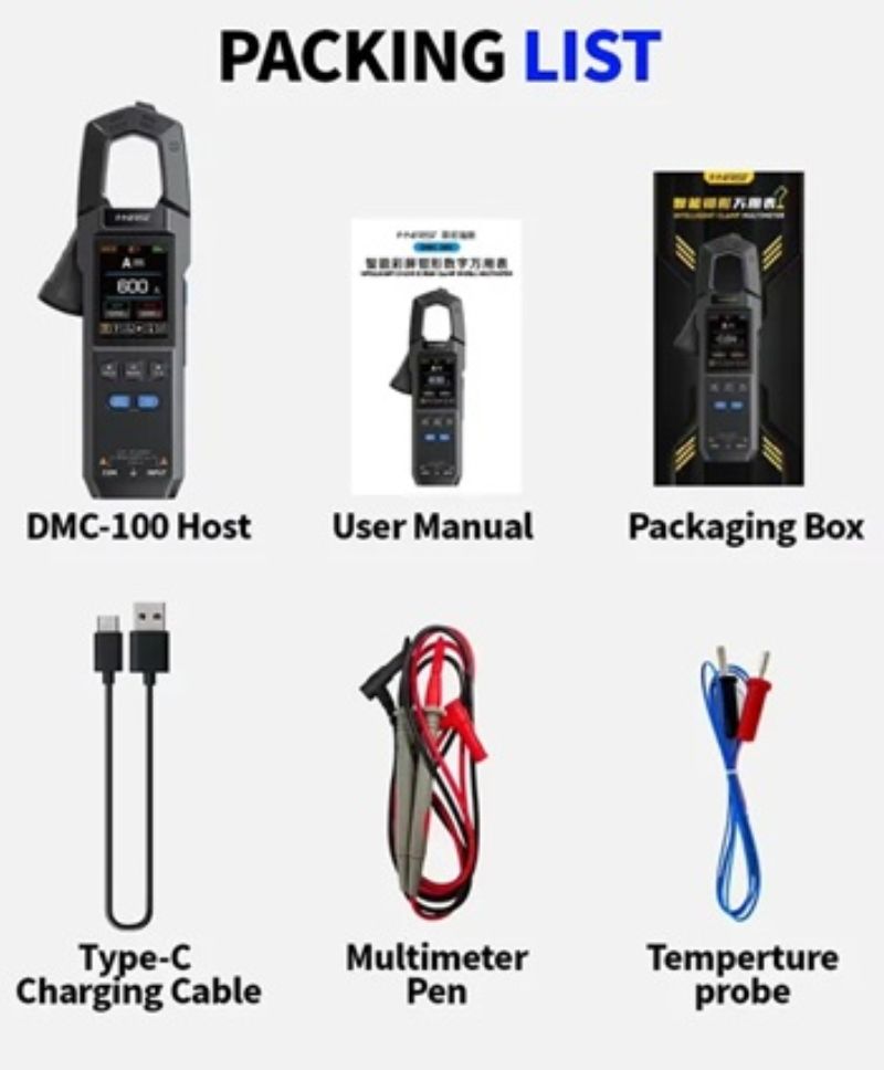 картинка Токовые клещи FNIRSI DMC-100, 100/600А (AC, DC), 1500 мАч, мультиметр от магазина "мир Электроники"