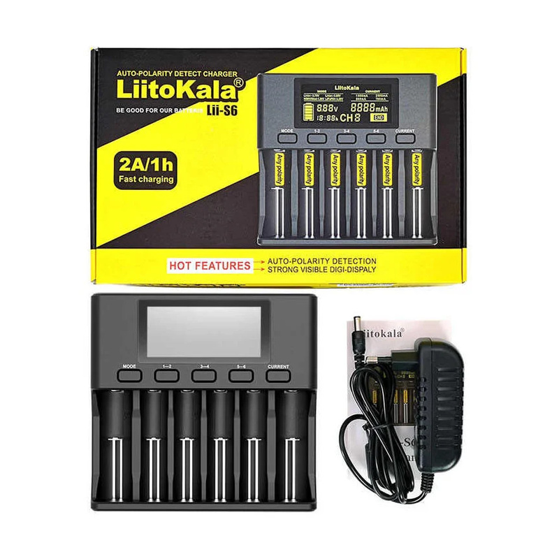 картинка Зарядное устройство LiitoKala Lii-S6, 6 слотов, Li-Ion/IMR/LiFePO4/NiMH/NiCd + автозарядка от магазина "мир Электроники"