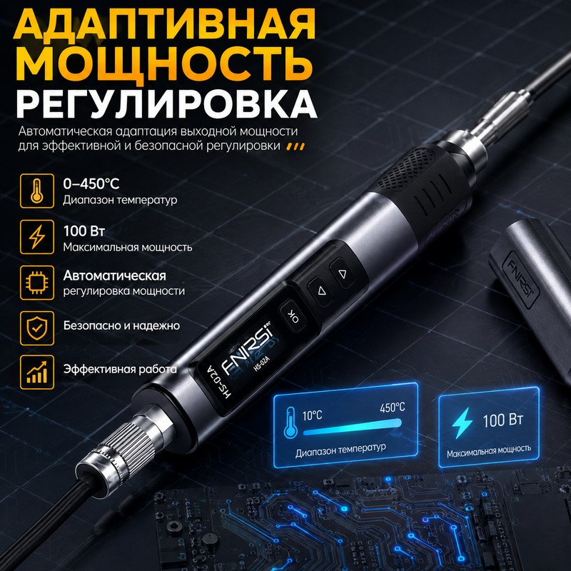картинка Паяльник Fnirsi HS-02A Max, 100W PD/QC, 6 жал С245, адаптер питания от магазина "мир Электроники"