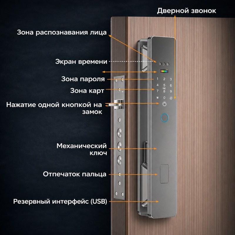 картинка Замок дверной Tuya K49-3DFace, WIFI ВТ, Face ID, серый от магазина "мир Электроники"