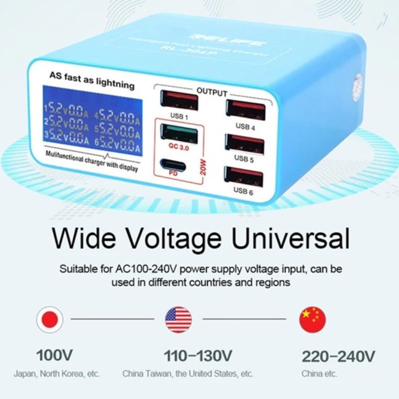 картинка Зарядное устройство RELIFE RL-304P, 6-портов, QC3.0, дисплей, PD 40Вт от магазина "мир Электроники"