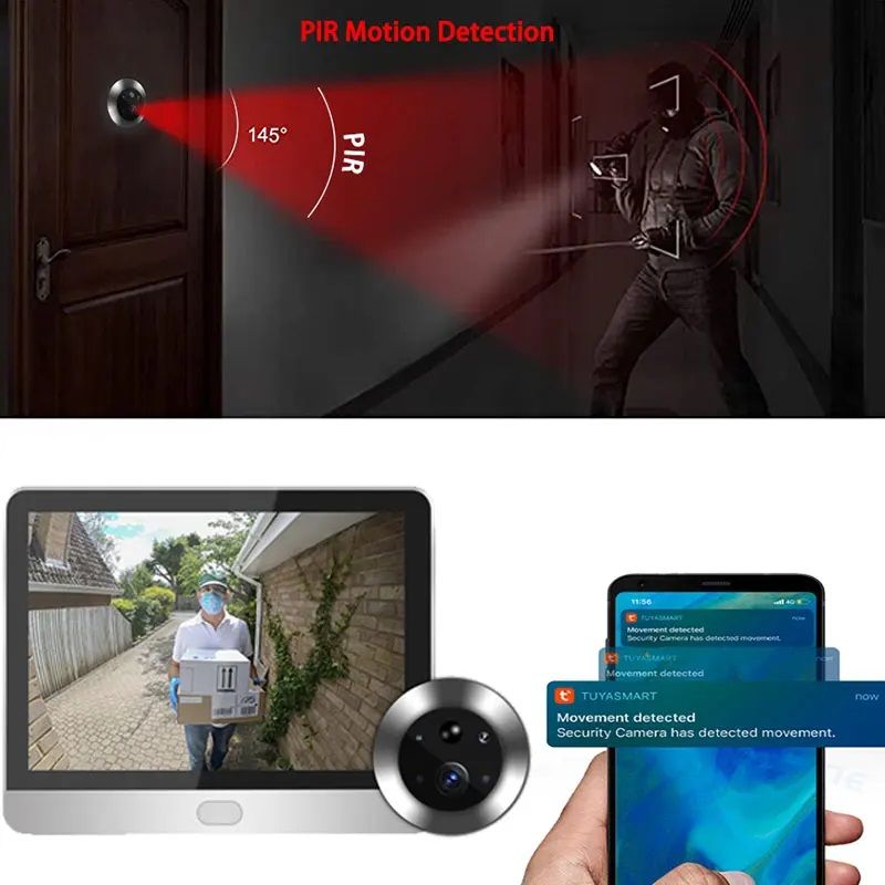 картинка Видео глазок дверной Tuya 300PD Wi-Fi, 4.3", 1080P, IR, PIR, 5000 мАч от магазина "мир Электроники"
