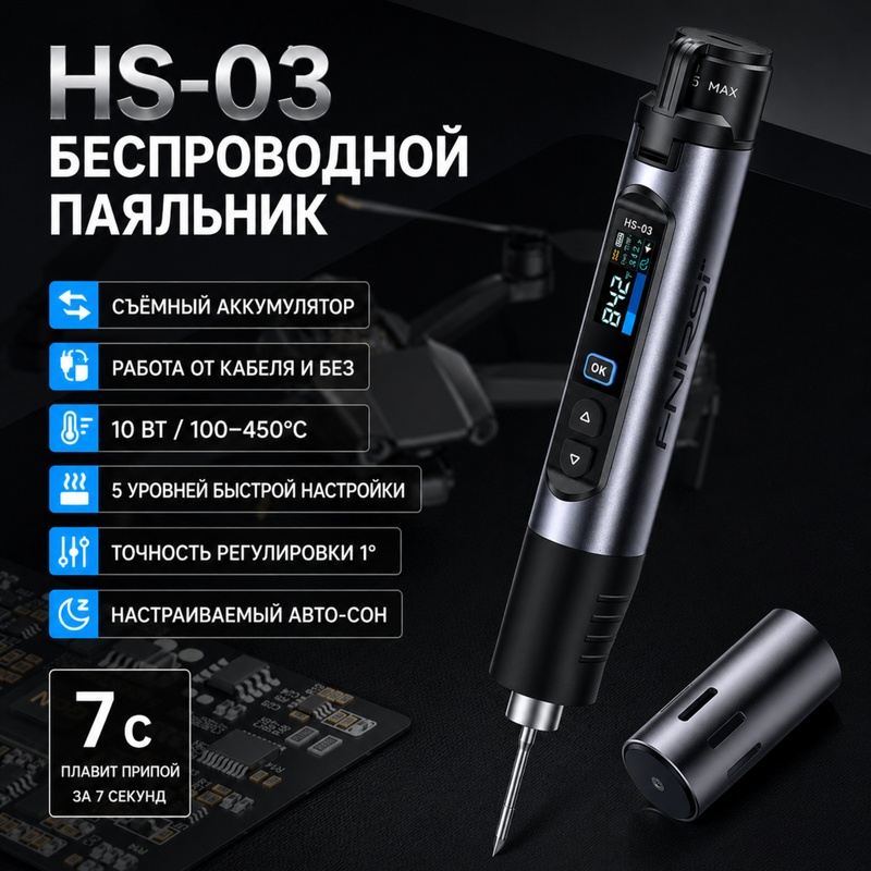 картинка Аккумуляторный паяльник FNIRSI HS-03 от магазина "мир Электроники"