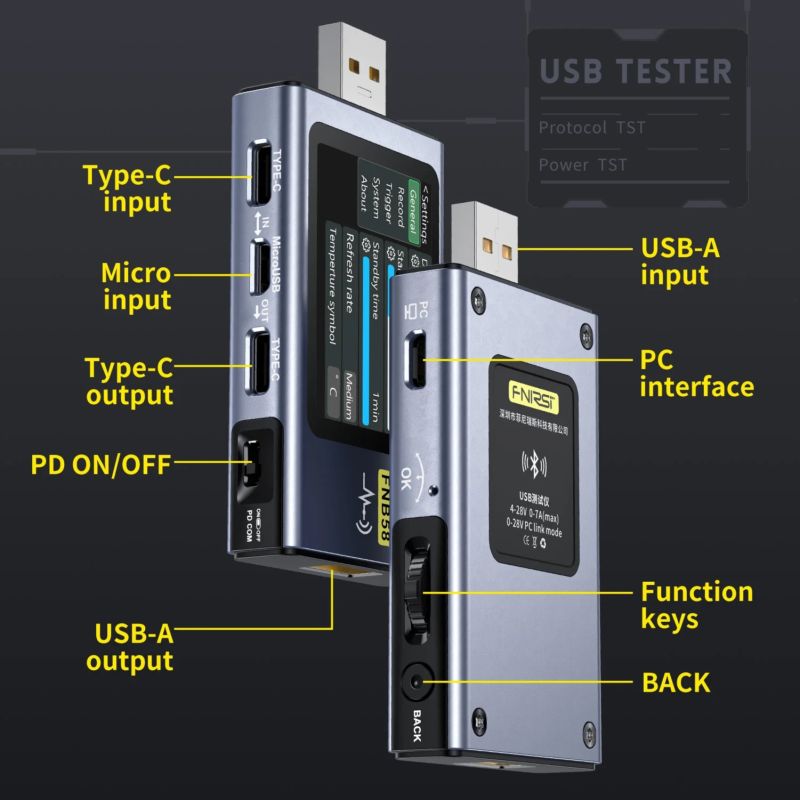 картинка USB-тестер FNIRSI FNB58 Bluetooth диагностический, синий от магазина "мир Электроники"