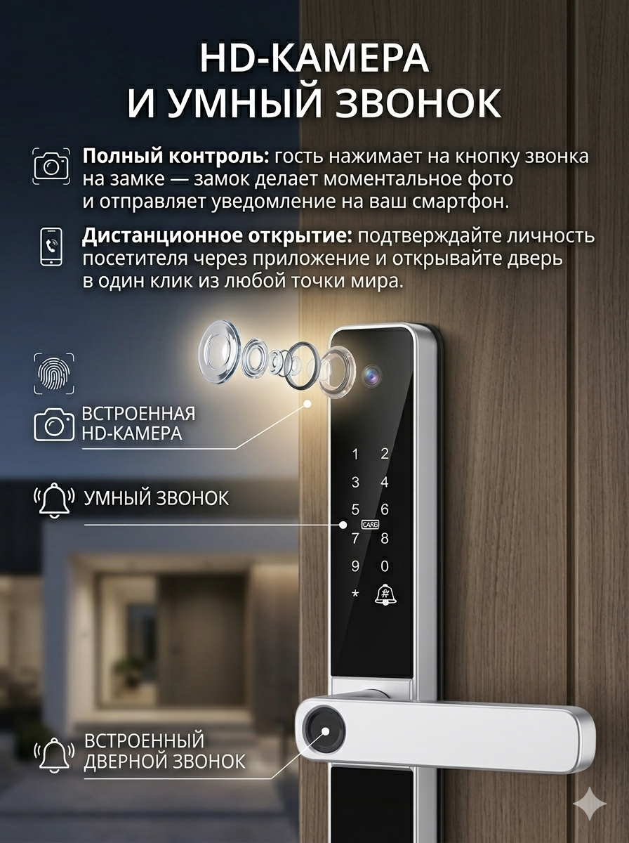картинка Замок дверной Tuya S022, WIFI, видеоглазок, IP68, 4585, серебро от магазина "мир Электроники"