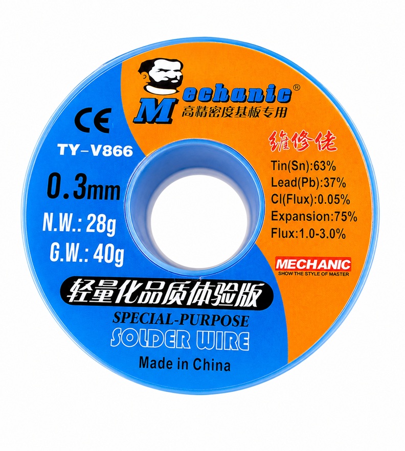 картинка Припой низкоплавкий MECHANIC TY-V866 0.3 мм, 63/37 на катушке с флюсом 183 град., 40г от магазина "мир Электроники"