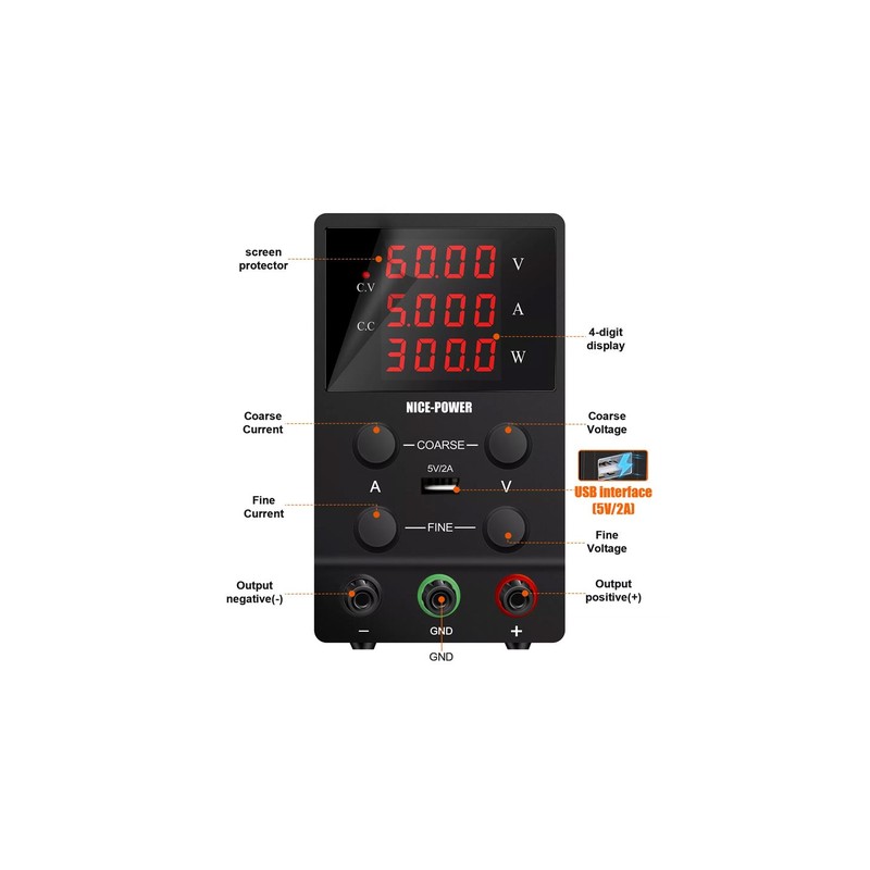 картинка Блок питания NICE SPS605, 0-60В/5А, USB, LED, 3 индикатора, черный от магазина "мир Электроники"