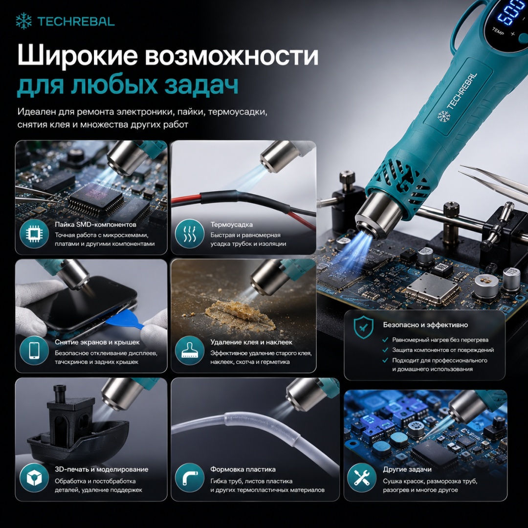 картинка Фен 853D 220В, 700Вт, 100-500 град, 120 л/мин, запасной нагреватель от магазина "мир Электроники"