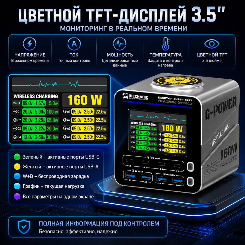 картинка Зарядная станция MECHANIC G-POWER 160W, 4USB-C PD 100W, 4USB-A PD 22,5W от магазина "мир Электроники"
