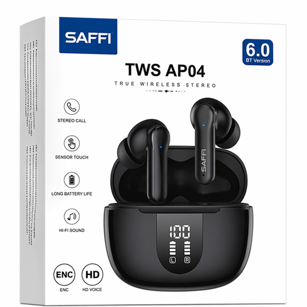 картинка Наушники беспроводные SAFFI AP04, BT 6.0 ENC, черный S866, до 6 ч от магазина "мир Электроники"