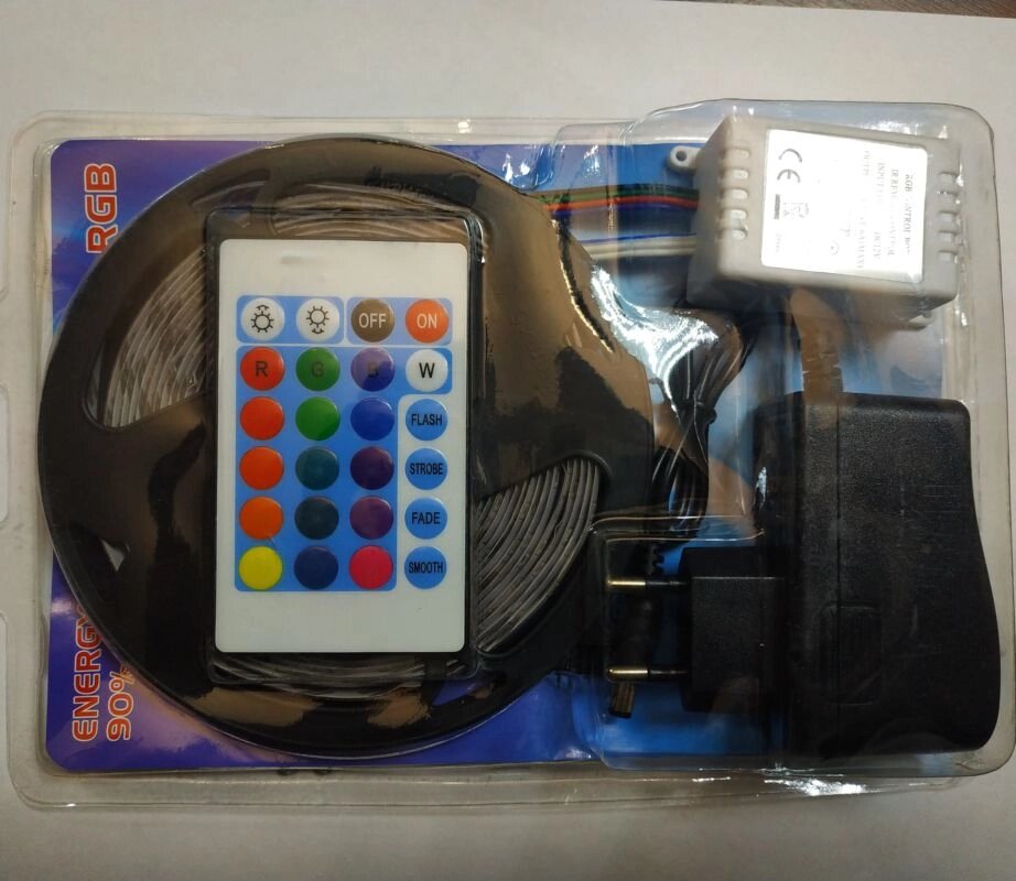 картинка Светодиодная лента 3528 RGB водозащищенная, пульт, контроллер, блок питания от магазина "мир Электроники"