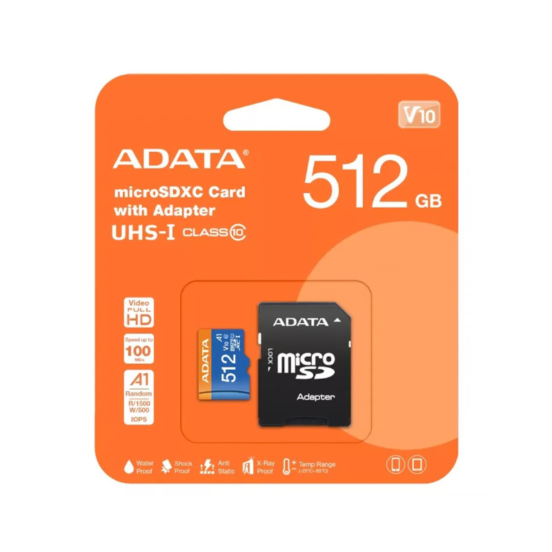 картинка SD карта ADATA AUSDX512GUICL10A1-RA1 UHS-I CLASS10 A1 512GB + адаптер от магазина "мир Электроники"