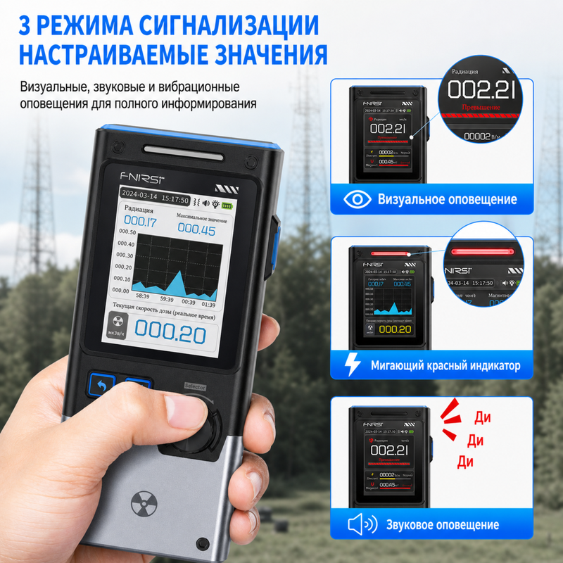 картинка Дозиметр детектор Fnirsi GC-03, 3 в 1 (радиация, электромаг. поле), 1500 мАч от магазина "мир Электроники"